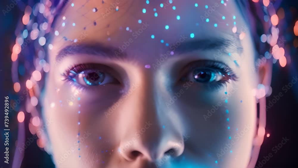 Poster Charming womans face is illuminated by blue and pink lights, creating captivating visual effect. Lights highlight her features in unique and artistic way, adding touch of creativity to her appearance