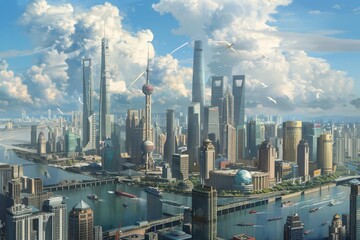 A panoramic view of a bustling city skyline dotted with towering skyscrapers housing multinational corporations, symbolizing the global reach and influence of modern business enterprises