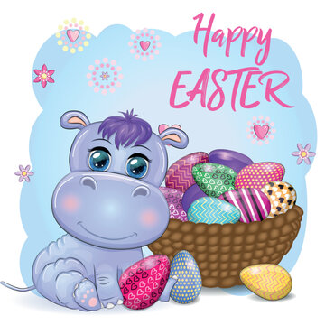 Cute cartoon hippo with Easter egg, Easter card