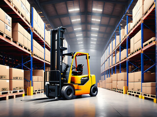 Naklejka premium Efficient Warehouse Operations: Movers Working Amongst Cargo Racks and Goods. generative AI
