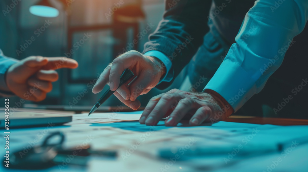 Poster an architect is engrossed in refining a blueprint on a well-lit drafting table.
