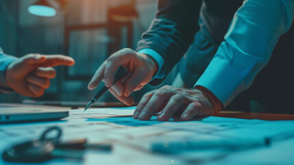 An architect is engrossed in refining a blueprint on a well-lit drafting table.