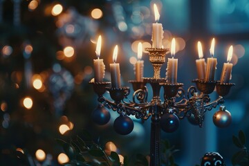 A serene Hanukkah scene with a menorah aglow with candles, dreidels spinning, and families coming together to celebrate the Festival of Lights, honoring tradition and miracles with warmth and love