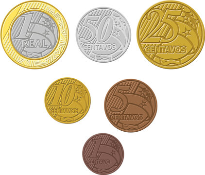 Ilustra&ccedil;&atilde;o de Apenas uma moeda real brasileira usada desde 2009, met&aacute;lica, dourada, bronze, cobre, um real, cinquenta, vinte, dez e cinco centavos