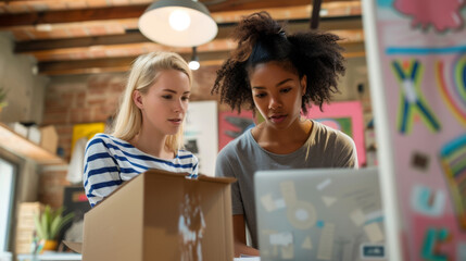 Two individuals are engaged in a collaborative task, looking at a computer screen with one holding a package, in a creative workspace setting.
