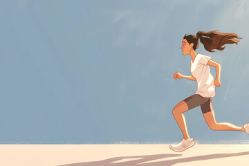 In a simplistic, minimalistic 2D cartoon style, a cartoonish depiction of a woman running is portrayed with charmingly basic features and movements