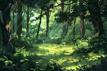Obraz premium A tranquil forest scene with sunlight streaming through the canopy, casting dappled shadows on the lush green undergrowth, creating a peaceful and serene background