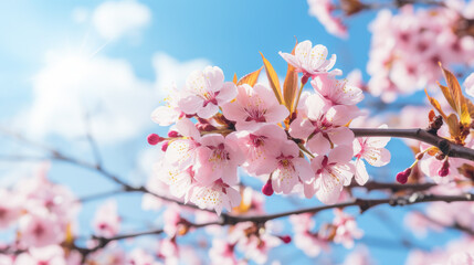 Beautiful orchard background. Close up of pink cherry blossom against the blue sky