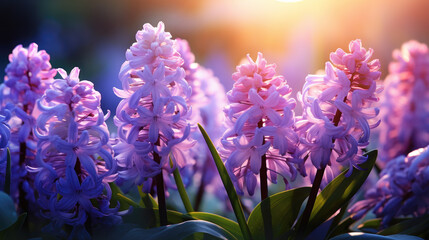 Beautiful bright floral spring background. Lilac hyacinths close up, blurred background