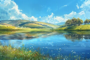 A tranquil lake nestled among rolling hills and verdant meadows, its surface reflecting the vibrant colors of the surrounding landscape, offering a serene and idyllic background