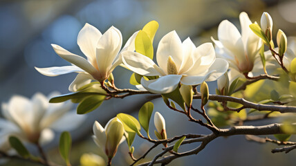 Beautiful floral spring nature background with light bokeh. Close up of magnolia blossom, blurred background