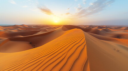 Fototapeta na wymiar Sunset over the vast, tranquil dunes of a golden desert with clear skies.