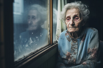 Elderly Woman Contemplating Life Near a Rain-Streaked Window on a Gloomy Day. Concept of nursing home or house. 