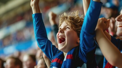 A young fan at a soccer championship raises his arms in excitement, adding to the energetic gestures of the crowd, creating a fun and happy atmosphere at the event. AIG41 - obrazy, fototapety, plakaty