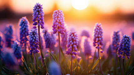 Beautiful floral spring nature background with light bokeh. Close up of muscari flowers field or grape hyacinths against the light