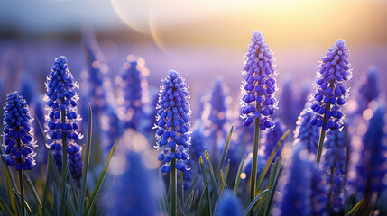 Beautiful floral spring nature background with light bokeh. Close up of muscari flowers field or grape hyacinths against the light