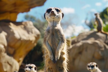 Curious meerkats standing alert on their hind legs, scanning the horizon with bright eyes and twitching noses in search of potential threats or tasty treats