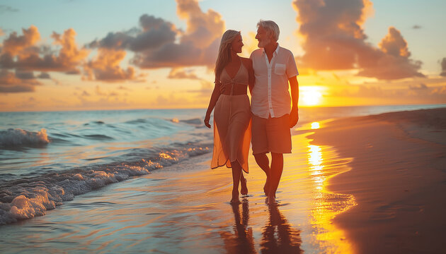 Middle aged Couple in love walking hand in hand by sandy exotic beach. They have an evening sunset hours walk by seashore on island. People relationship and tropic honeymoon vacations concept