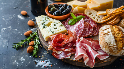 Party Snacks on The Board: Jamon, Tomates, Olives, Bread. Italian and Spanish Flavors. Generative AI - obrazy, fototapety, plakaty