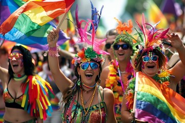 Diverse group of people marching joyfully in a Pride parade, adorned in vibrant costumes and waving banners promoting love and equality