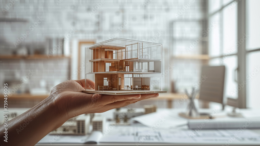 Poster holographic projection of a modern house architecture model being displayed above a person's open ha