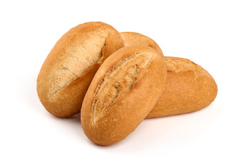 Freshly baked rustic buns, French rolls, isolated on white background. High resolution image.