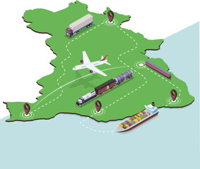 Os cinco principais tipos de transporte de cargas do Brasil. Aéreo, ferroviário, hidroviário, oleoduto e rodoviário. logística do mapa do brasil