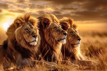 Majestic lions basking in the golden glow of the savanna sun, their mane flowing in the breeze as...
