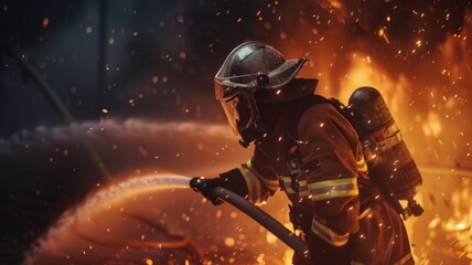 Firefighter Combatting Flames - A dedicated firefighter combats raging flames with a powerful water stream, a testament to the bravery of fire department crews. - obrazy, fototapety, plakaty