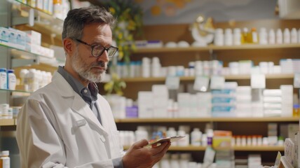 Pharmacist Evaluating Medications - A professional pharmacist in a white coat attentively checking medication details on a digital tablet among shelves of medicine.