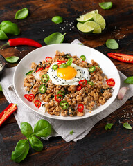 Pad Krapow Gai, Thai Basil Chicken with rice and fried egg