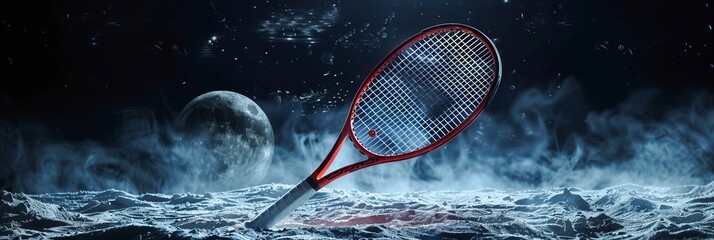 A beautiful, classic red tennis racket with a long handle stands above the rite, surrounded by a fine mist rising cinematically upwards