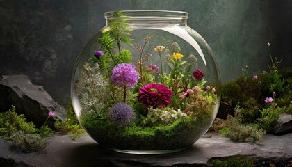 flowers in a glass vase. A cinematic long shot of a glass bowl terrarium filled with a variety of flowering plants, - Powered by Adobe