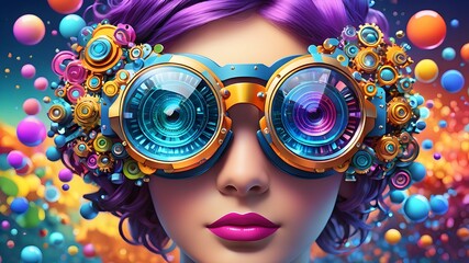 Fashion model wearing colorfully design high tech eyeglasses.