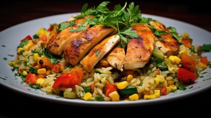 Fototapeta premium Colorful and varied favorite - Mexican risotto with vegetables and chicken.
