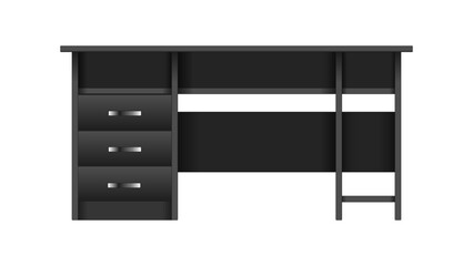 Black computer desk with shelves for keyboard, system unit and drawers