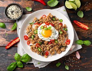Pad Krapow Gai, Thai Basil Chicken with rice and fried egg