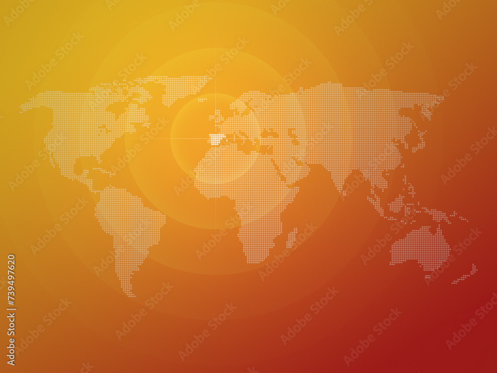 Poster dotted halftone world map with the country of spain highlighted. modern and clean world map on a yel