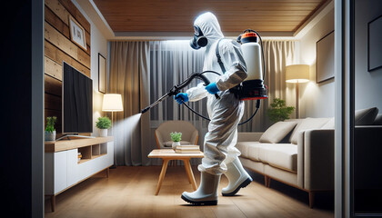 A faceless pest control worker in a full protective suit. - obrazy, fototapety, plakaty