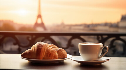 Croissant and cup of coffee table in a cafe, blurred silhouette of the Eiffel Tower