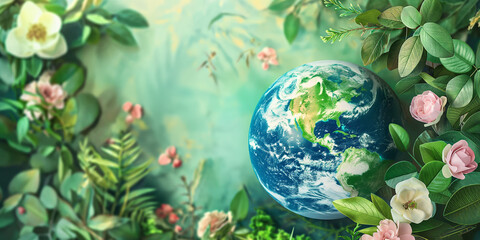 Earth day celebration creative background. Eco friendly concept with globe and floral ornament. Take care of our world, environmental activism.