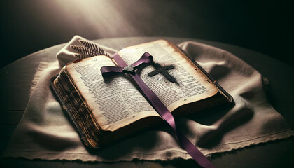 A illustration open Bible with a purple ribbon bookmark for Ash Wednesday.