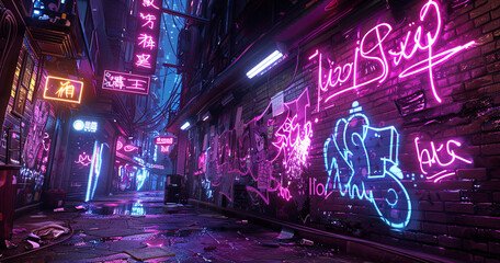 An urban alley comes alive at night with graffiti on the walls and glowing neon signs, reflecting off the wet ground.