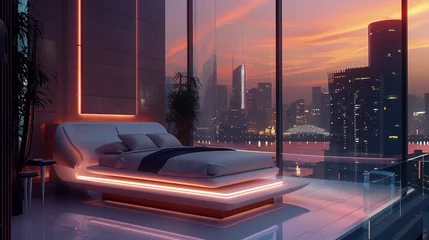 Fototapeten A futuristic bedroom with a floating bed and LED lighting set on a rooftop with a view of the city skyline at night. HD, realistic, artificial lighting. © Amer