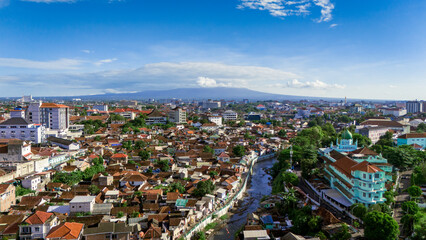 aerial view of Yogyakarta city streets close to rivers or streams