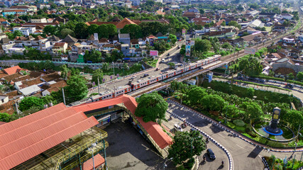 aerial view of the streets of Malioboro Yogyakarta city close to Tugu train station