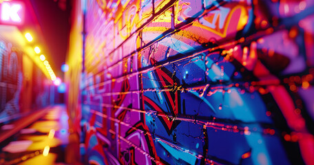 A wall in an urban setting comes alive with vibrant graffiti, illuminated by glowing neon lights. The wet, glossy paint adds a captivating depth to the scene.
