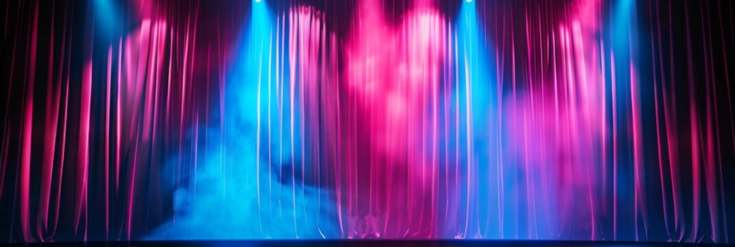Empty Colorful Theatre Drapery - A theatrical display of colorful drapery with dramatic stage lighting effects, ready for an artistic performance.