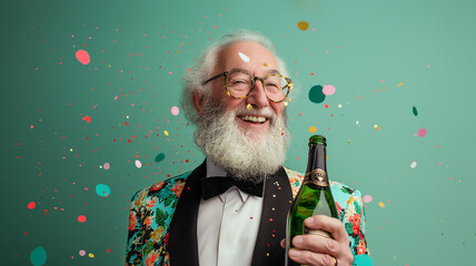 Portrait of a charming and funny grandfather in a wild tuxedo with floral motifs while holding a bottle of champagne and ready for a wild party and fun, in the spirit of surprise, celebration, and you