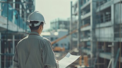 Engineer Overseeing Construction - Civil engineer with blueprint at an industrial construction site.